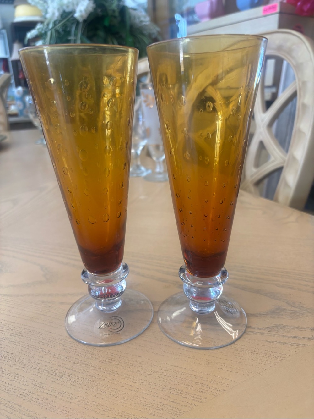 Amber Bubble Glass Flute Pair - Home Dining